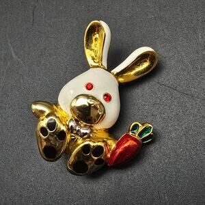 Puccini Easter Bunny Rabbit Brooch Enamel Gold Tone Vintage Costume Jewelry